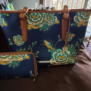 Brahmin Navy Belize Flower Bird Motifs print leather